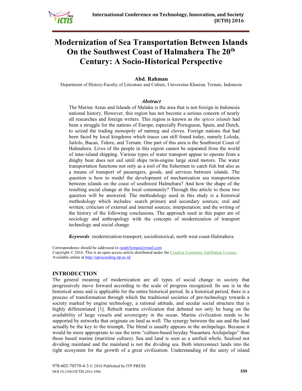 Modernization of Sea Transportation Between Islands on the Southwest Coast of Halmahera the 20Th Century: a Socio-Historical Perspective