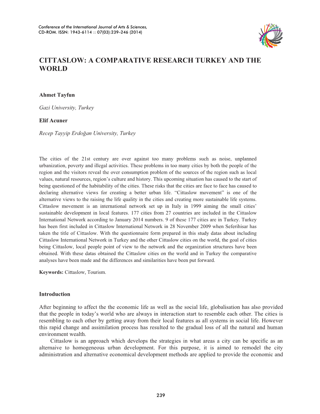 Cittaslow: a Comparative Research Turkey and the World