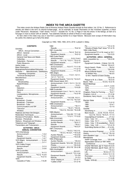 TO the ARCA GAZETTE This Index Covers the Antique Radio Club of America Antique Radio Gazette Through Its Final Edition, Vol