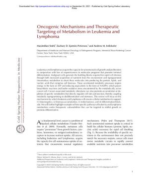 Oncogenic Mechanisms and Therapeutic Targeting of Metabolism in Leukemia and Lymphoma