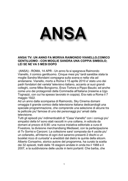 Ansa/ Tv: Un Anno Fa Moriva Raimondo Vianello,Comico Gentiluomo - Con Moglie Sandra Una Coppia Simbolo; Lei Se Ne Va 5 Mesi Dopo