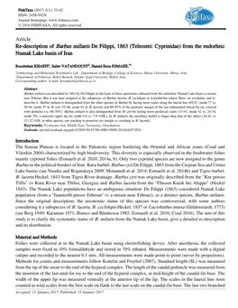 Article Re-Description of Barbus Miliaris De Filippi, 1863 (Teleostei: Cyprinidae) from the Endorheic Namak Lake Basin of Iran