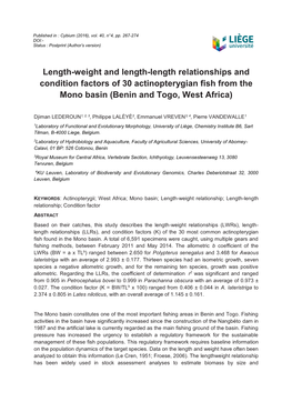 Length-Weight and Length-Length Relationships and Condition Factors of 30 Actinopterygian Fish from the Mono Basin (Benin and Togo, West Africa)