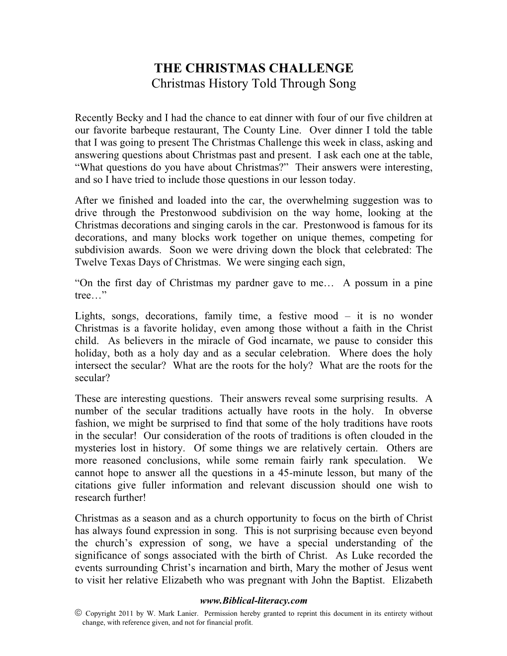 THE CHRISTMAS CHALLENGE Christmas History Told Through Song