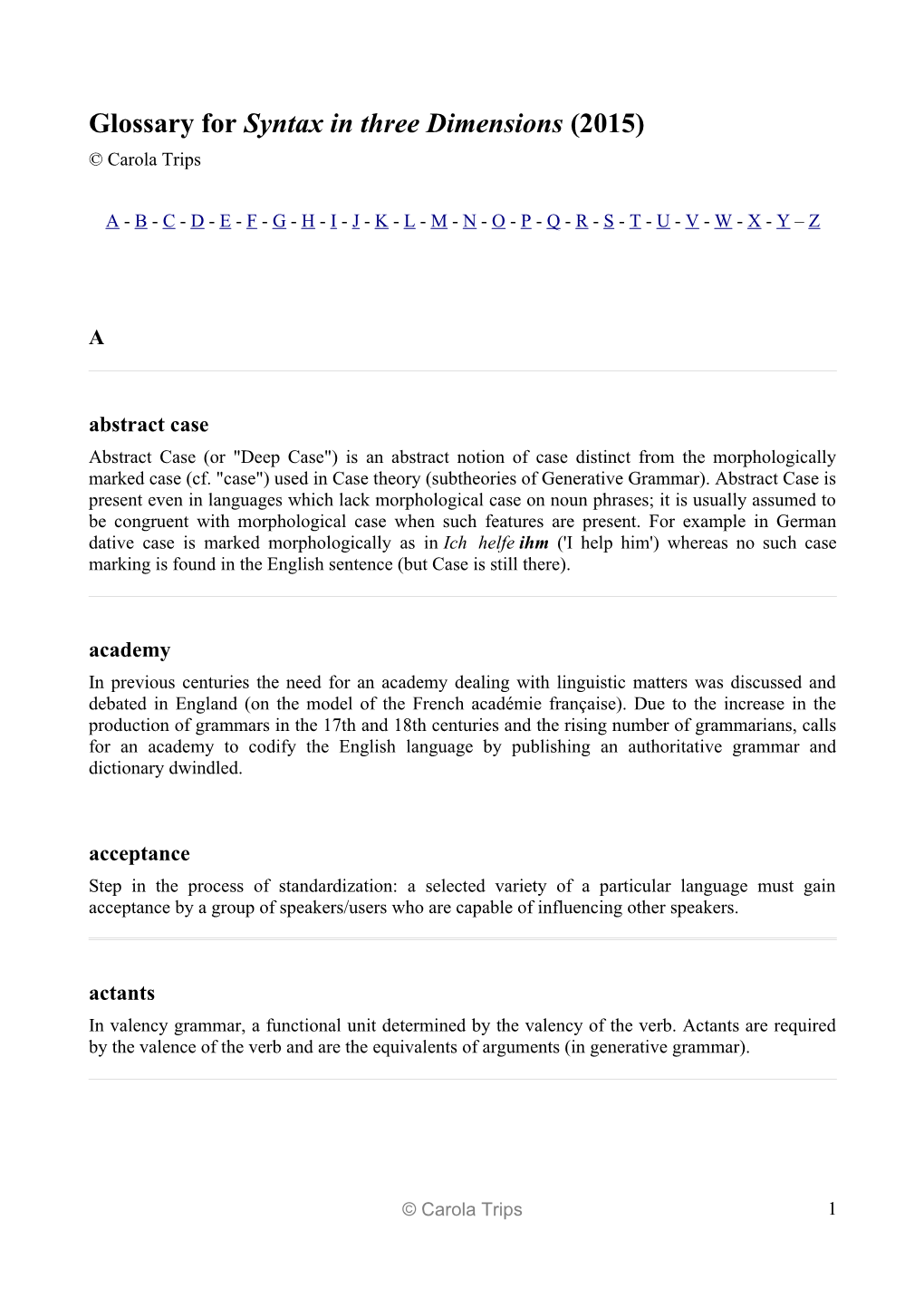 Glossary for Syntax in Three Dimensions (2015) © Carola Trips