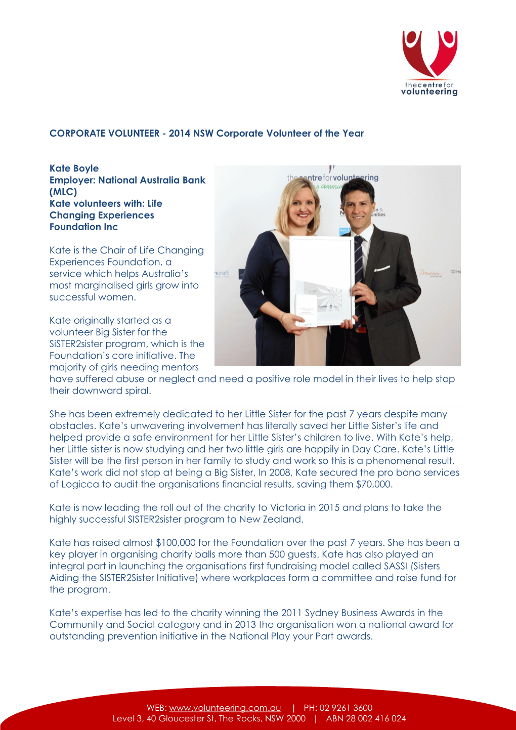 CORPORATE VOLUNTEER - 2014 NSW Corporate Volunteer of the Year