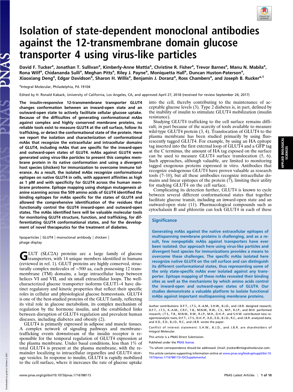 Isolation of State-Dependent Monoclonal Antibodies Against the 12-Transmembrane Domain Glucose Transporter 4 Using Virus-Like Particles