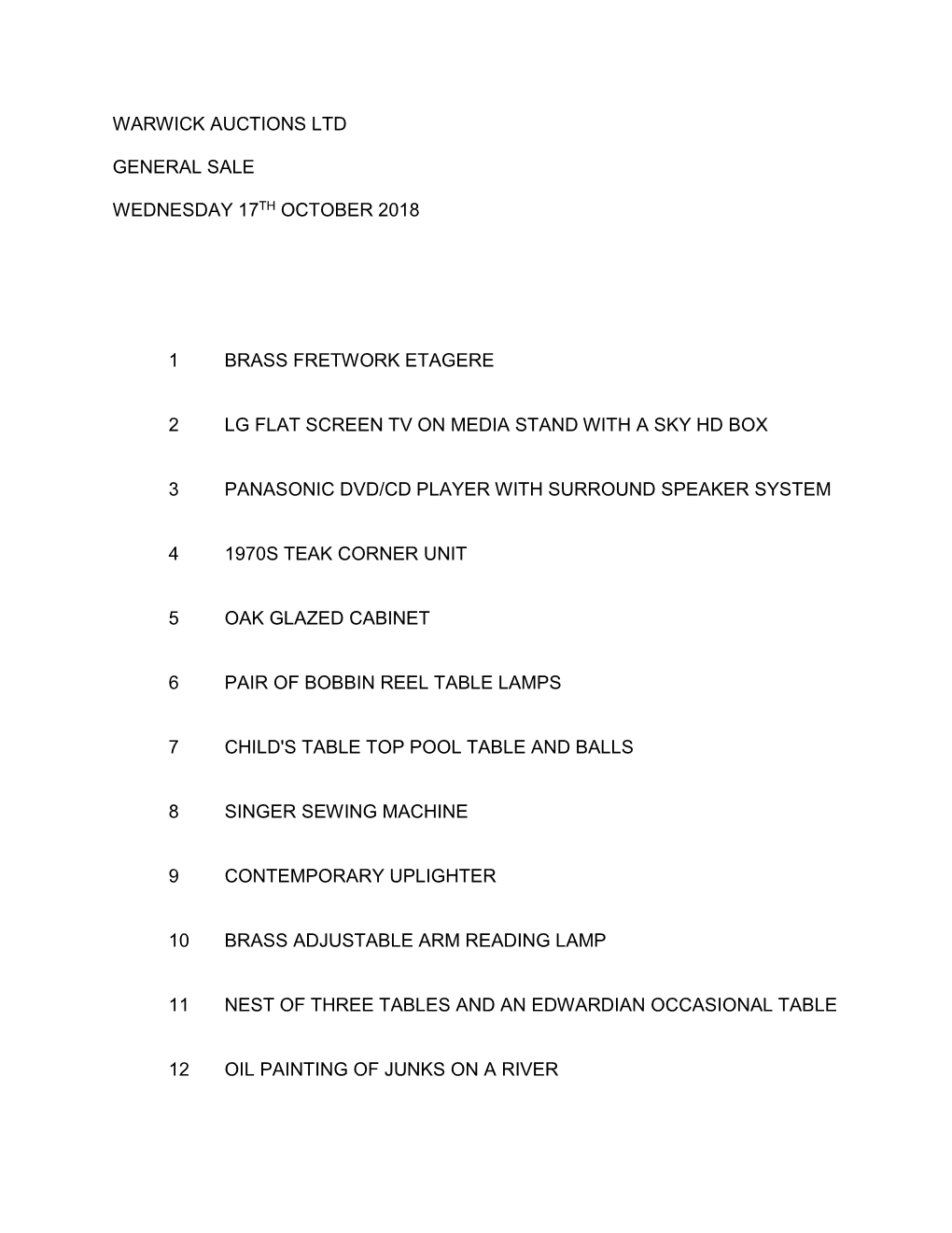 Warwick Auctions Ltd General Sale Wednesday 17Th