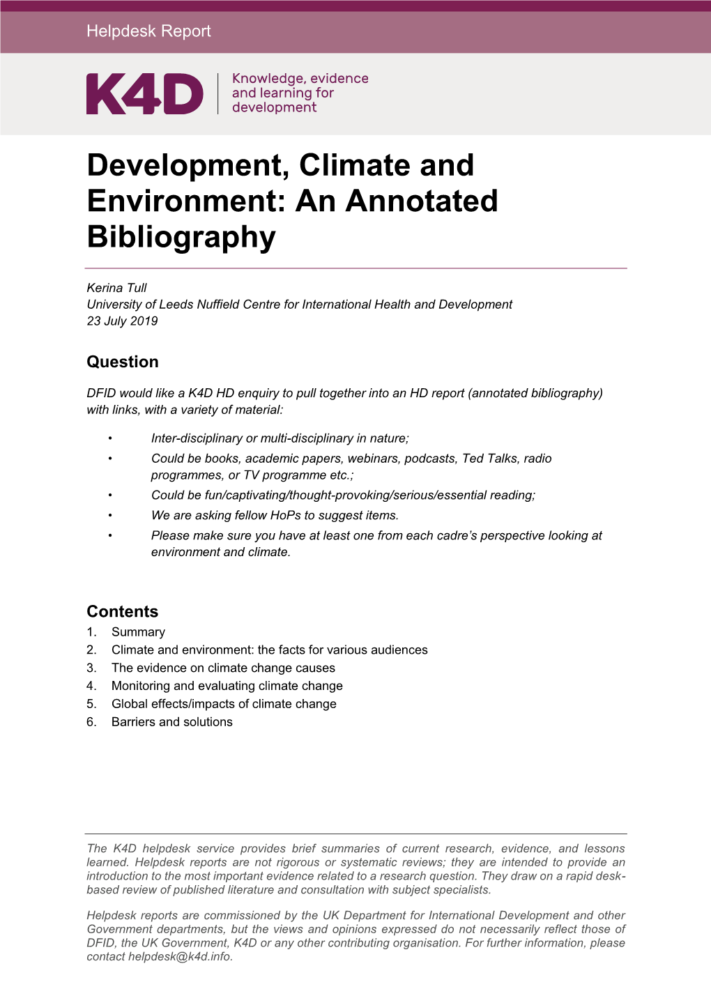 Development, Climate and Environment: an Annotated Bibliography