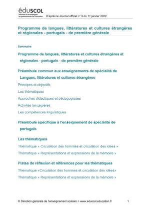 Programme De Langues, Littératures Et Cultures Étrangères Et Régionales - Portugais - De Première Générale
