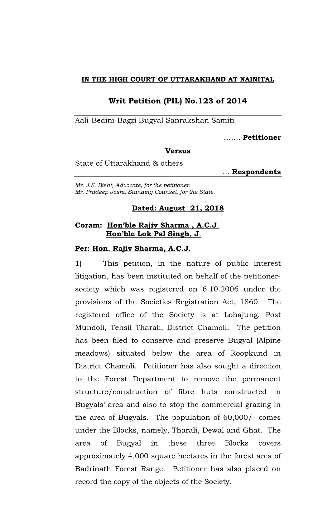 Writ Petition (PIL) No.123 of 2014