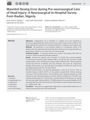 Mannitol Dosing Error During Pre-Neurosurgical Care of Head Injury: a Neurosurgical In-Hospital Survey from Ibadan, Nigeria