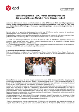 DPD France Devient Partenaire Des Joueurs Nicolas Mahut Et Pierre-Hugues Herbert