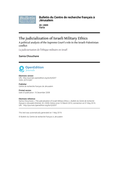 Bulletin Du Centre De Recherche Français À Jérusalem, 20 | 2009 the Judicialization of Israeli Military Ethics 2