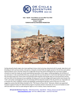 Italy – Apulia - from Matera to Lecce Bike Tour 2018 Individual Self-Guided 8 Days/ 7 Nights TORONTO BICYCLE NETWORK PROMOTION