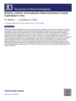 Nicotine, Cotinine, and Anabasine Inhibit Aromatase in Human Trophoblast in Vitro