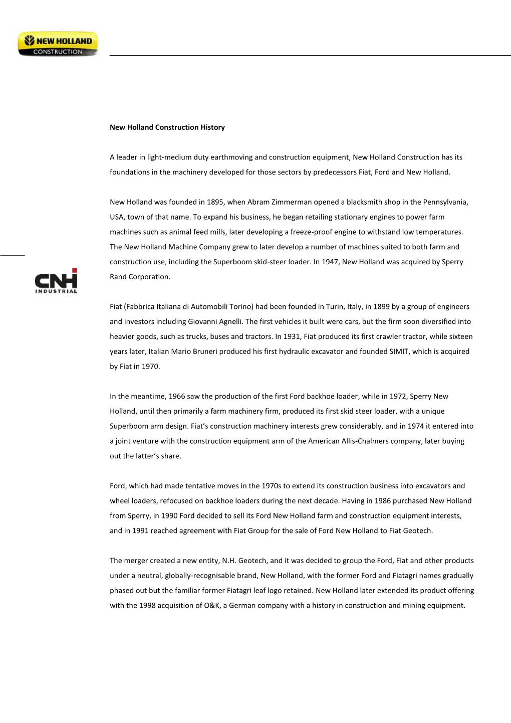 CNH Industrial, Following the Merger of Fiat Industrial and CNH Global N.V