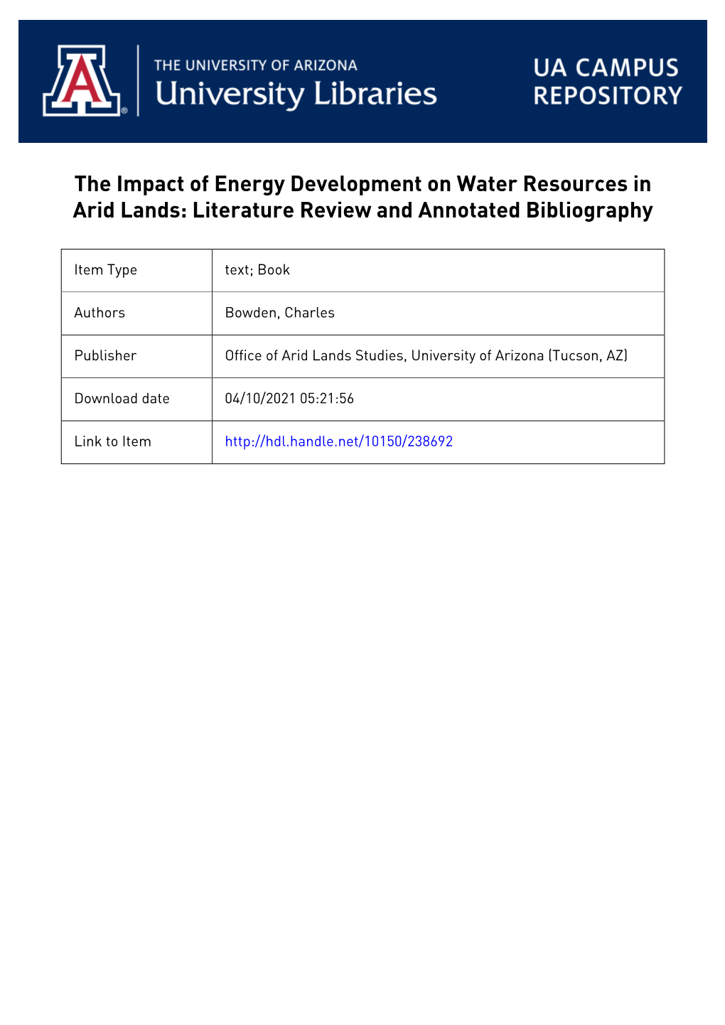 Impact of Energy Development on Water Resources in Arid Lands: Literature Review and Annotated Bibliography