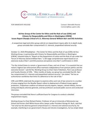Ad Hoc Group of the Center for Ethics and the Rule of Law (CERL) and Citizens for Responsibility and Ethics in Washington (CREW) Issues Report Sharply Critical of U.S