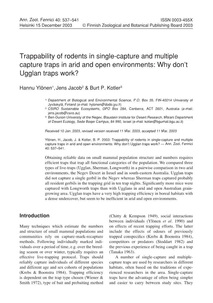 Trappability of Rodents in Single-Capture and Multiple Capture Traps in Arid and Open Environments: Why Don’T Ugglan Traps Work?