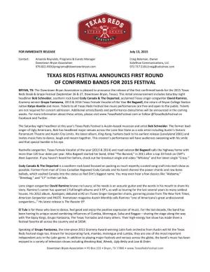 Texas Reds Festival Announces First Round of Confirmed Bands for 2015 Festival