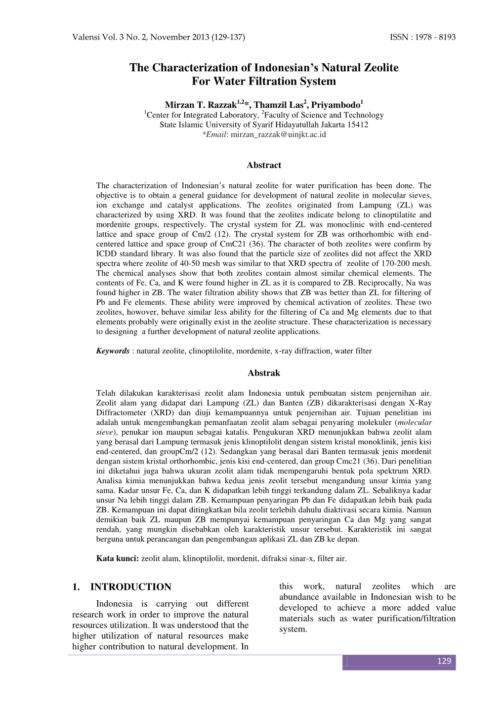 The Characterization of Indonesian's Natural Zeolite for Water Filtration System