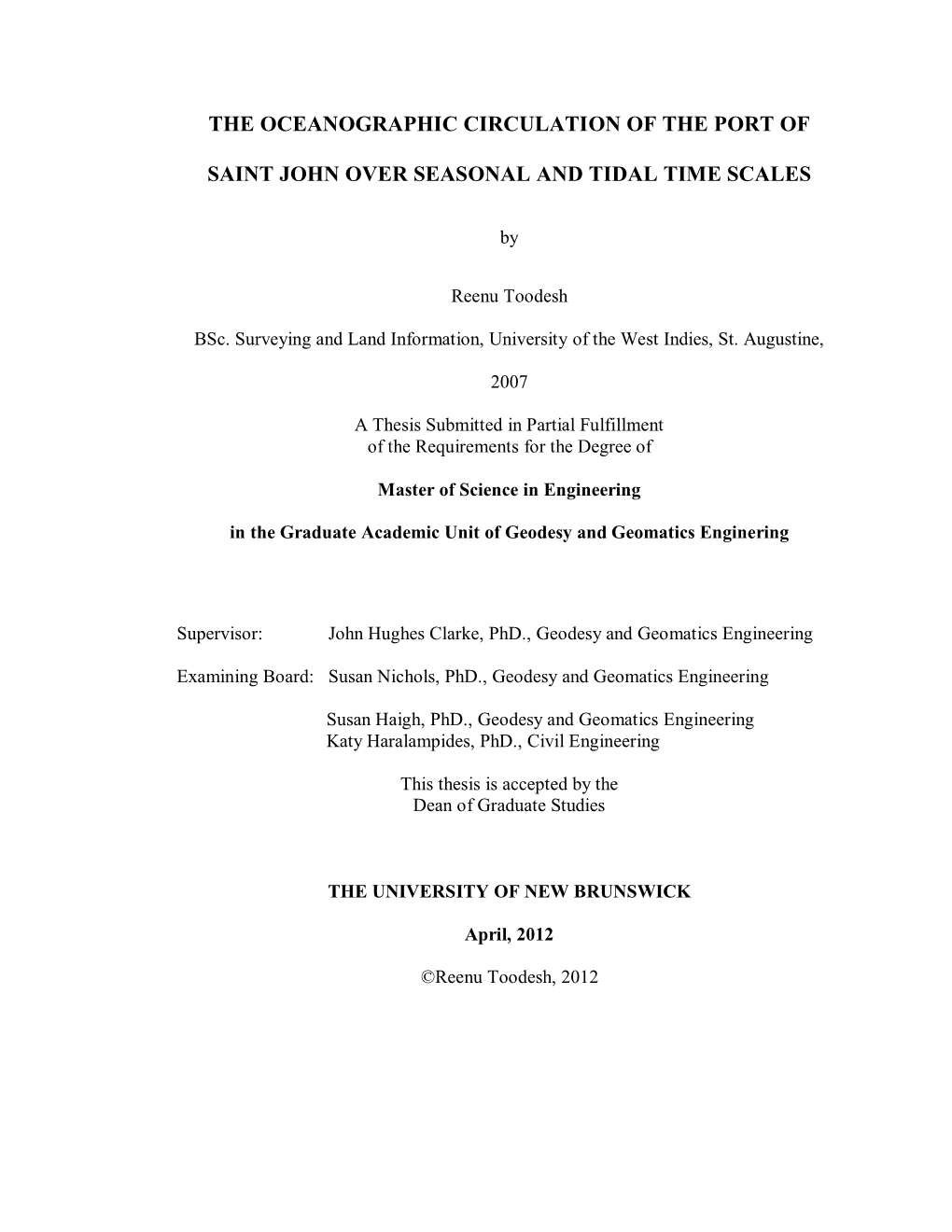 The Oceanographic Circulation of the Port of Saint John Over Seasonal and Tidal Time Scales