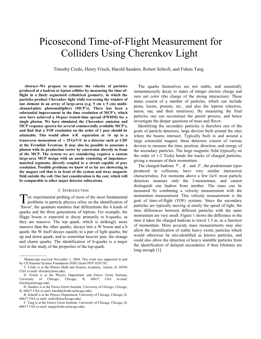 Picosecond Time-Of-Flight Measurement for Colliders Using Cherenkov Light