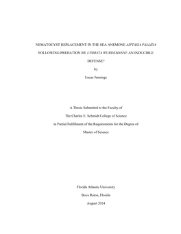Nematocyst Replacement in the Sea Anemone Aiptasia Pallida Following Predation by Lysmata Wurdemanni: an Inducible Defense?