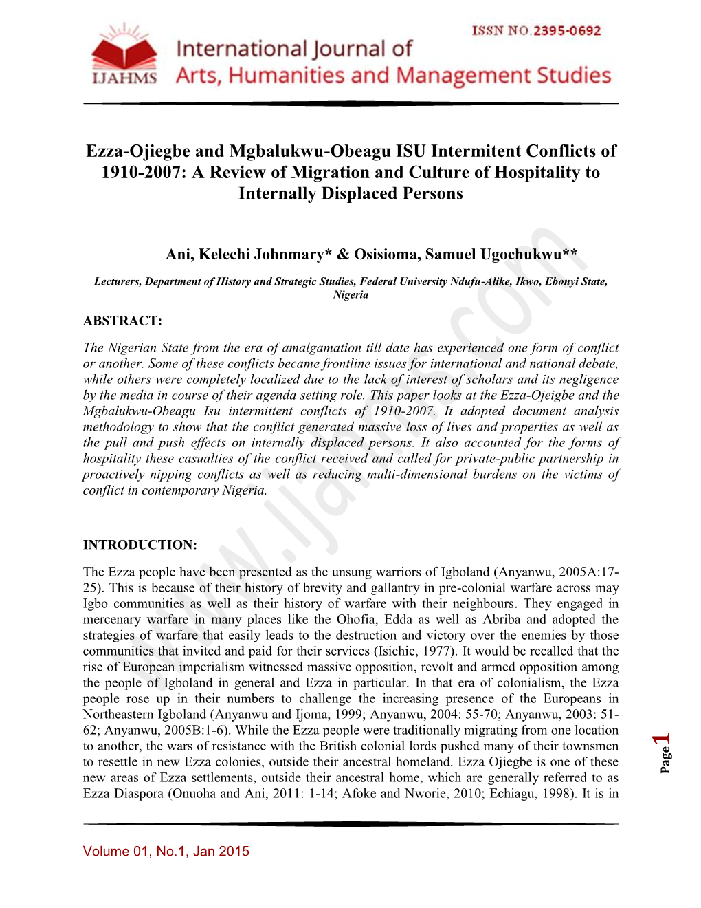 Ezza-Ojiegbe and Mgbalukwu-Obeagu ISU Intermitent Conflicts of 1910-2007: a Review of Migration and Culture of Hospitality to Internally Displaced Persons