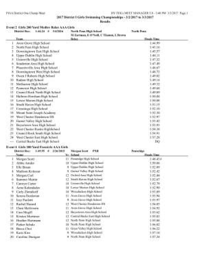 2017 District I Girls Swimming Championships - 3/2/2017 to 3/3/2017 Results