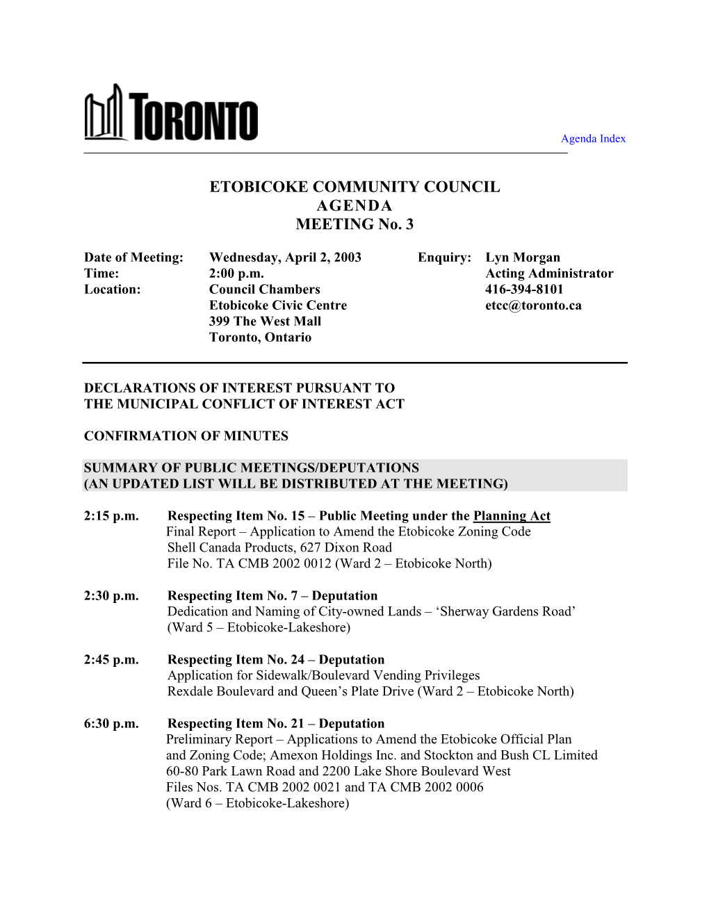 ETOBICOKE COMMUNITY COUNCIL AGENDA MEETING No. 3