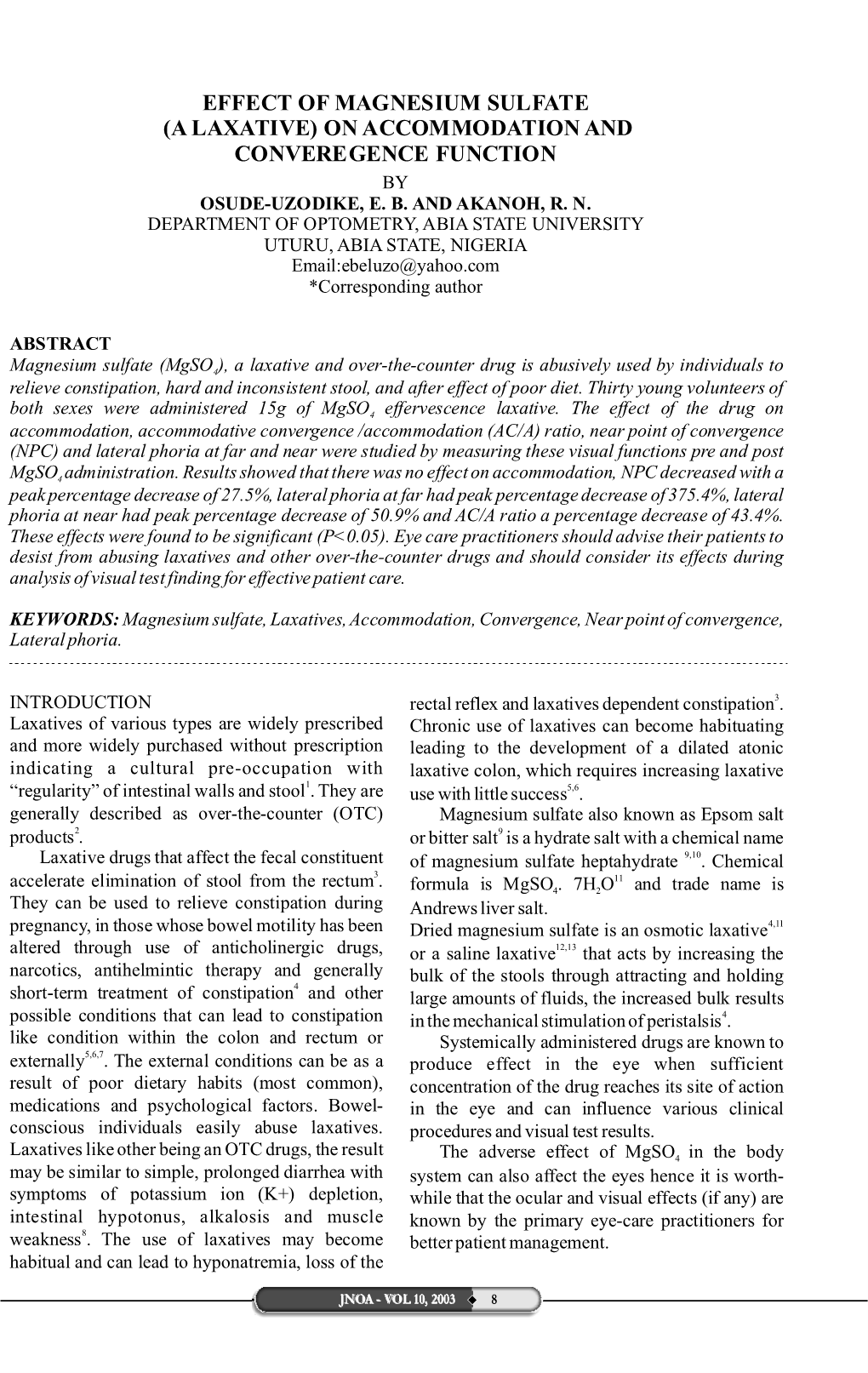 Effect of Magnesium Sulfate (A Laxative) on Accommodation and Converegence Function by Osude-Uzodike, E