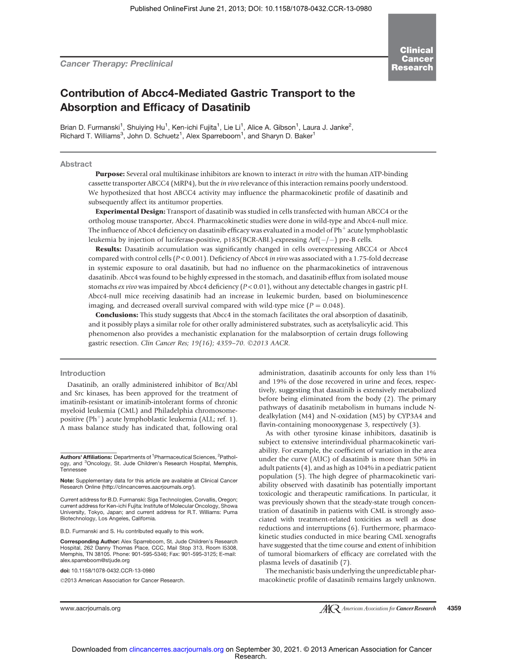 Contribution of Abcc4-Mediated Gastric Transport to the Absorption and Efﬁcacy of Dasatinib