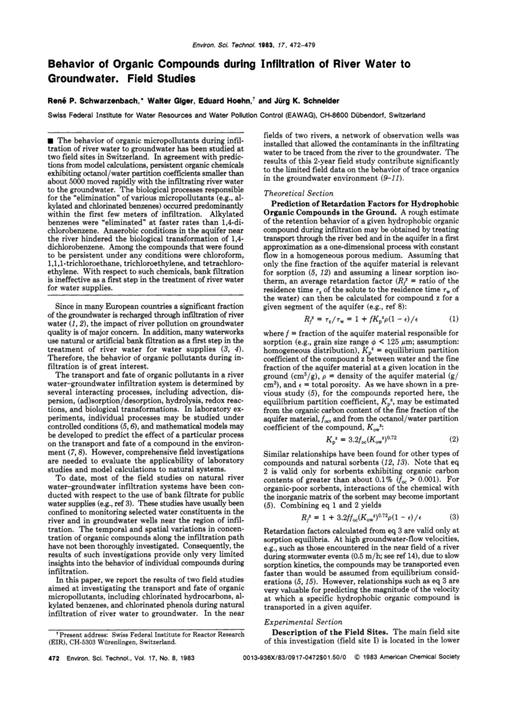 Behavior of Organic Compounds During Infiltration of River Water to Groundwater