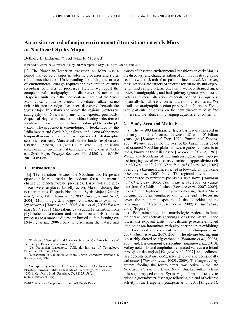 An In-Situ Record of Major Environmental Transitions on Early Mars at Northeast Syrtis Major Bethany L