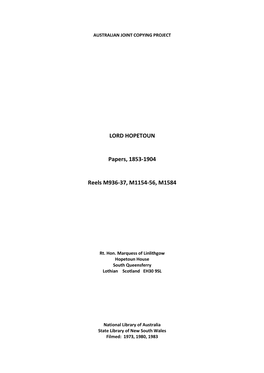 LORD HOPETOUN Papers, 1853-1904 Reels M936-37, M1154