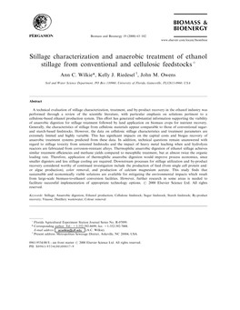 Stillage Characterization and Anaerobic Treatment of Ethanol Stillage from Conventional and Cellulosic Feedstocks P