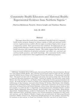 Community Health Educators and Maternal Health: Experimental Evidence from Northern Nigeria ∗