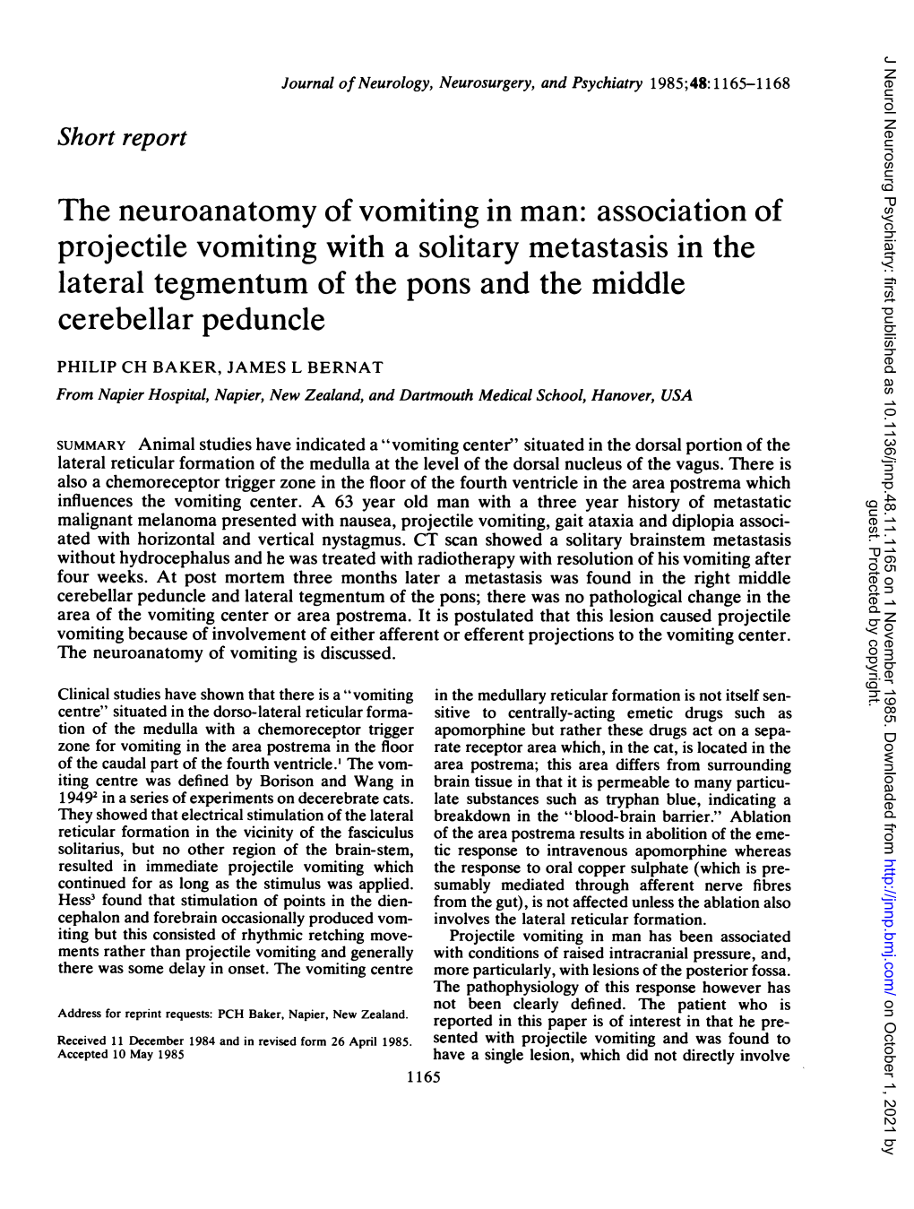 Projectile Vomitingwith a Solitary Metastasis in the Cerebellar Peduncle