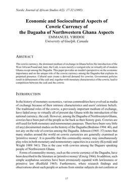 Economic and Sociocultural Aspects of Cowrie Currency of the Dagaaba of Northwestern Ghana Aspects EMMANUEL YIRIDOE University of Guelph, Canada