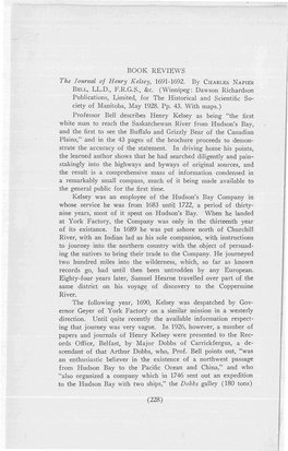 BOOK REVIEWS the Journal of Henry Kelsey, 1691-1692. by CHARLES NAPIER BELL, LL.D., F.R.G.S., &C