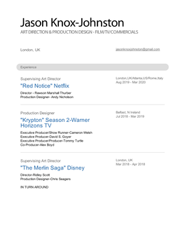 Jason Knox-Johnston ART DIRECTION & PRODUCTION DESIGN - FILM/TV/COMMERCIALS
