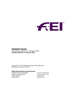 REINING RULES 5Th Edition, Effective 1St January 2016 Updates Effective 1St January 2021