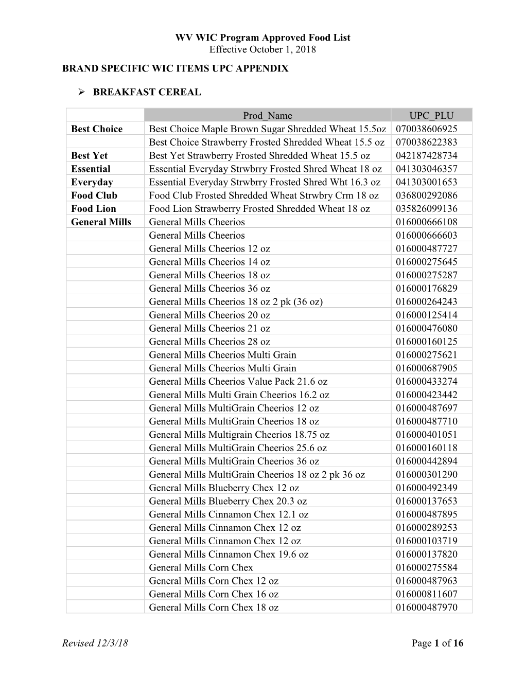 WV WIC Program Approved Food List Effective October 1, 2018 Revised 12