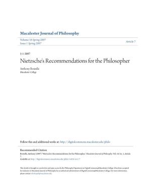 Nietzsche's Recommendations for the Philosopher Anthony Boutelle Macalester College