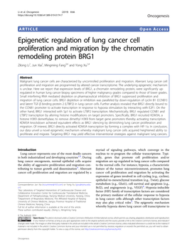 Epigenetic Regulation of Lung Cancer Cell Proliferation and Migration by the Chromatin Remodeling Protein BRG1 Zilong Li1,Junxia2, Mingming Fang3,4 Andyongxu1,4