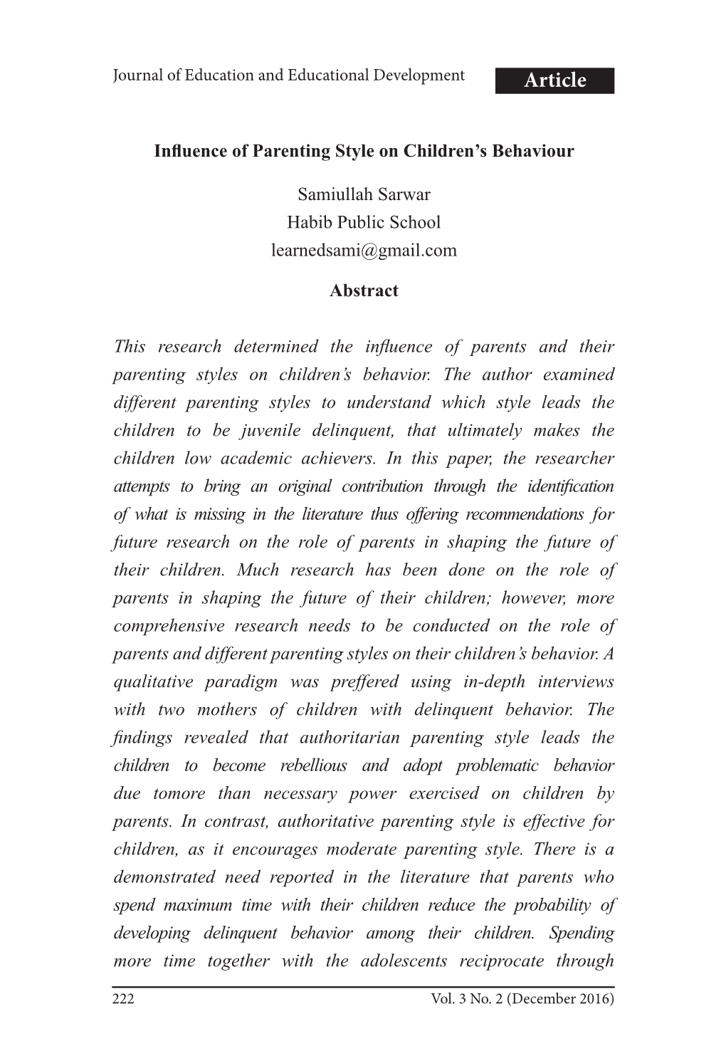 Influence of Parenting Style on Children's Behaviour