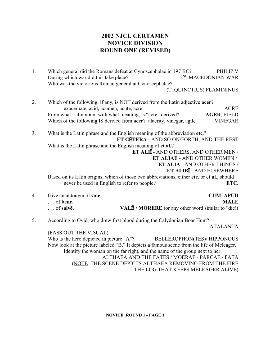 2002 Njcl Certamen Novice Division Round One (Revised)