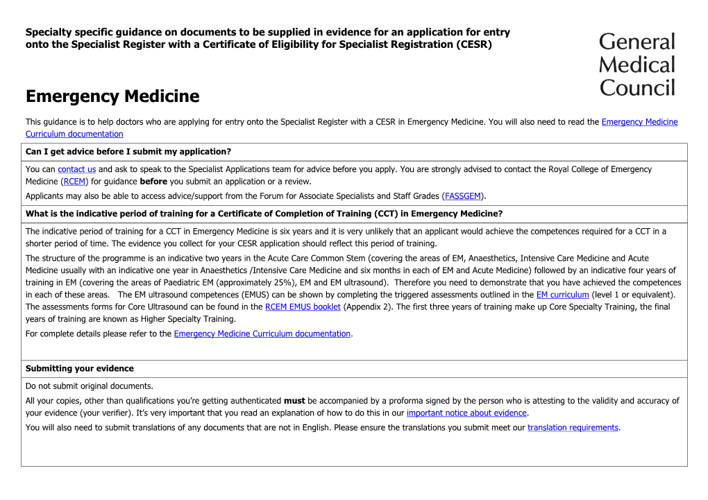 Specialty Specific Guidance